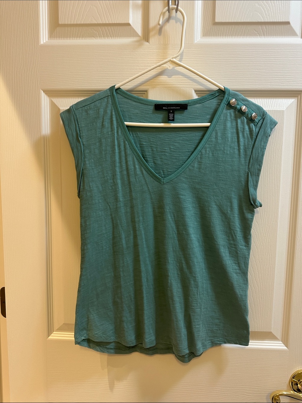 White House Black Market Teal V-Neck Cap Sleeve Top with Shoulder Buttons